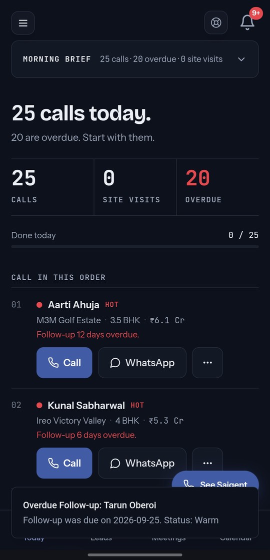 Agent Today screen: 25 calls today, call in this order