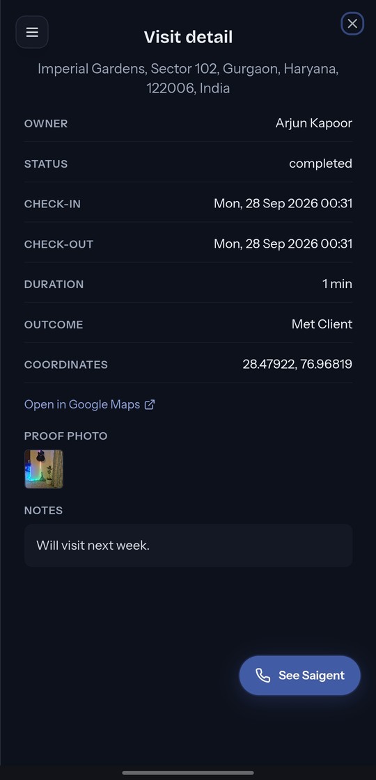 Visit detail with check-in time, coordinates and proof photo